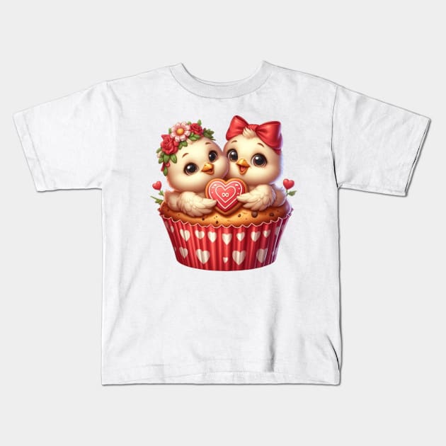 Valentine Bird Couple In A Cupcake Kids T-Shirt by Chromatic Fusion Studio